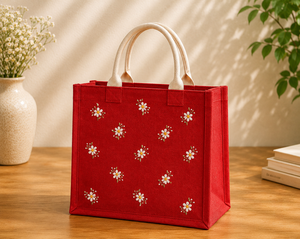 Red Floral Embroidery Jute Shopping <b>Bag</b> <b>Medium</b> <b>Size</b> Top Handle Daily Use - Product Image 3