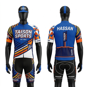Uniforme de ciclismo para hombre, tela premium de poliéster y spandex, azul y naranja, paneles geométricos, impresión por sublimación, logotipo personalizado, transpirable y ajustado. - Product Image 1