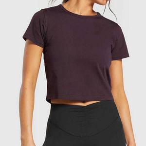 Women's Dark Purple Crop <b>Top</b> Crew Neck Short Sleeve Solid Color Casual Spring Summer Wear - Product Image 4