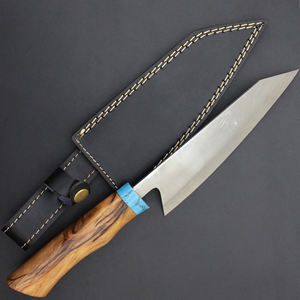 มีดทำครัวสวยงามทำมือ ใบมีด 440C ด้ามไม้ลายเส้นสีเงิน พร้อมปลอกหนัง - Product Image 1