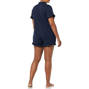 Conjunto de 2 Piezas para Mujer, Color Azul Marino, Camiseta de Manga Corta con Botones, Corte Holgado, Informal, Primavera-Verano, Algodón y Fibra de Bambú, Color Sólido - Product Image 3