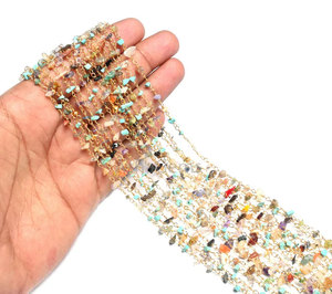 Natural Multi Gemstone Chip <b>Beaded</b> Chain Gold Wire Wrapped Handmade Boho Jewelry Supply - Product Image 1