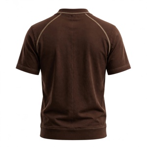 T-shirt en coton marron surdimensionné pour homme, manches courtes, col rond, couleur unie, tricoté, teint uni, coupe classique - Product Image 4