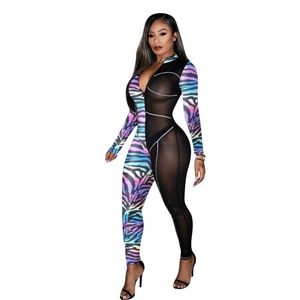 Combinaison transparente à manches longues pour femme, taille haute, coupe ajustée, col en V, imprimé tie-dye, tenue de club, en Spandex et Polyester, Printemps-Été - Product Image 2