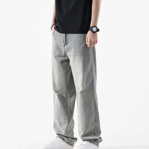 Pantalones Vaqueros de Mezclilla de Algodón de Alta Calidad Personalizados para Hombre, Moda Urbana, Vaqueros Holgados Desgastados y Rotos - Product Image 4