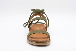Sandales plates Dlords en daim vert olive à bride cheville, fermeture à boucle, bout carré, décontractées, respirantes, toutes saisons, espadrilles en liège - Product Image 4