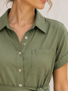 Vestido Casual de Verano para Mujer, Largo, sin Mangas, de Rayón Verde, Ecológico, Lavable, con Cuello Camisero, Cinturón y Abertura Lateral - Product Image 2