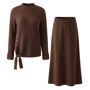 Custom OEM ODM Urban Sets Elegant Long Sleeve Tie-Side Top and Matching Midi <b>Skirt</b> Outfit - Product Image 5