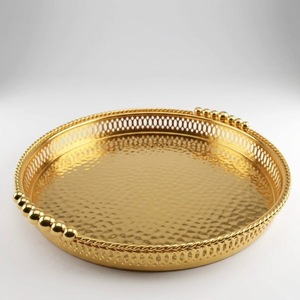 Bandeja Decorativa Redonda Dorada con Espejo y Asas Tubulares, Estilo Art Deco, para Mesa de Centro - Product Image 2