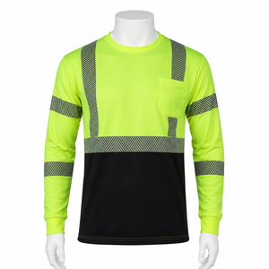 High Visibility Safety Long Sleeve Shirt with Reflective Strips Workwear ANSI Class 3 Neon Yellow Black Bottom Construction Tee - Product Image 1