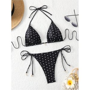 Conjunto de Bikini de 2 Piezas con Estampado de Lunares para Mujer, Top Triangular con Tirantes, Braguita Cheeky, Alta Elasticidad, Secado Rápido, Traje de Baño para Playa, Servicio OEM - Product Image 3