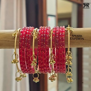 Luxury Handmade <b>Red</b> Kashmiri Raindrop Glass Bangle Set with Ghungroo Bridal Ethnic Jewelry for Women - Product Image 3