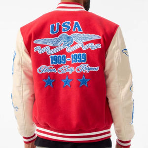 Red Men's Varsity <b>Jacket</b> with Patchwork Design and Applique Embroidery Preppy Style Turn-down Collar Regular Fit - Product Image 5
