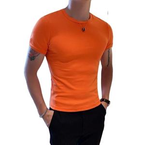 <b>Men's</b> Orange Short Sleeve O-Neck Regular Fit Casual Knitted <b>T</b>-<b>Shirt</b> <b>Striped</b> 100% Cotton Breathable Color Blocked Digital - Product Image 1