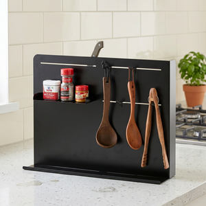 Minimalist Metal Kitchen Organizer Spice <b>Rack</b> With Utensil Holder Rectangle Shape Black Matte Finish - Product Image 2