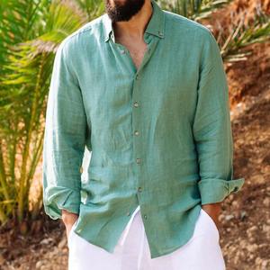 Chemise décontractée pour homme en coton et lin respirant de haute qualité, col en V, coupe ample, manches longues, été - Product Image 1