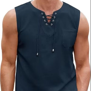 Camisetas sin mangas de lino y algodón para hombre, estilo casual, con cordones, para la playa, estilo hippie. - Product Image 1