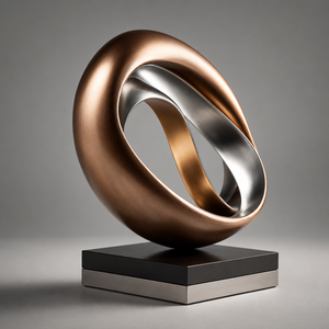 Escultura Abstracta de Anillo de Metal Plateado y Bronceado, Arte Moderno, Decoración de Lujo para Mesa, Estatua con Base de Pedestal Negra - Product Image 2