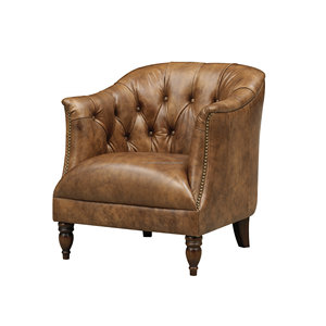Vintage Tan Genuine Leather Tufted Accent Chair Mid Century Modern Barrel Armchair for Living Room Furniture Home Decor Sofa - Product Image 1