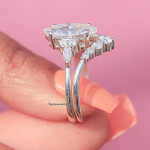 Marquise Moissanite Engagement Ring Set White 925 Sterling Silver Marquise Cut <b>Stone</b> White Diamond Cz Adjustable Classic Bridal - Product Image 2