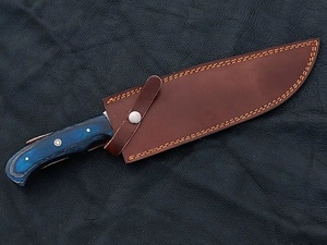 Premium Handmade Damascus Pattern Chef <b>Knife</b> Fixed Blade Outdoor Cooking <b>Knife</b> Blue Wood Handle Leather Sheath OEM ODM Custom - Product Image 3