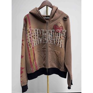 Sudadera con capucha de diseñador Nesta Sports Streetwear, personalizada, de algodón grueso, extragrande, con lavado ácido, efecto desgastado, pedrería y bordado, con cremallera. - Product Image 1