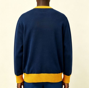 <b>Men's</b> Navy Blue And Yellow Knitted <b>Cardigan</b> V Neck Full Sleeve Button Closure Solid Color Autumn Sweater - Product Image 2