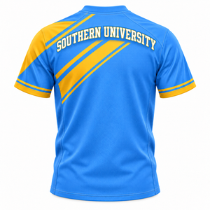 Camiseta Deportiva Personalizada de la Universidad del Sur (SU) de Fútbol Americano, Estilo HBCU, Azul y Dorado, Cuello en V, Sublimación, Venta al Por Mayor - Product Image 2