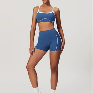 Women's <b>Blue</b> Solid High Support Spandex 2-Piece Sports <b>Bra</b> Shorts Set White Stripe Detailing Breathable Knitted Activewear Yoga - Product Image 5