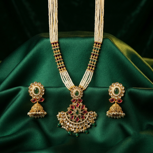 Traditional Brass Gold Plated Kundan Pearl Emerald Cut Ruby Green Stone <b>Locket</b> Pendant Charm Ethnic Floral Matching Jhumka - Product Image 2
