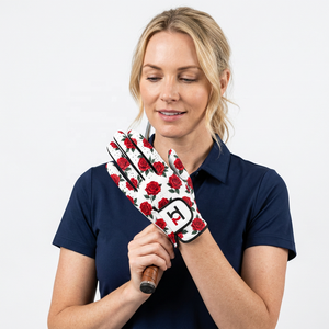 Personalized Custom Logo Red Rose Floral Print Women's Golf Glove Sublimation Printed Cabretta Leather Microfiber Golf Gloves - Product Image 3