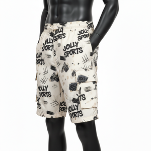 Pantalones cortos cortavientos de poliéster GSM premium para hombre, color beige, crema, negro, con estampado de grafiti, logotipo serigrafiado, etiqueta tejida. - Product Image 4