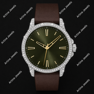 Montre de soirée avec lunette sertie de diamants |   Montre de luxe à cadran vert avec bracelet en cuir marron |   Montre en Moissanite Sertie de Pierres - Product Image 3