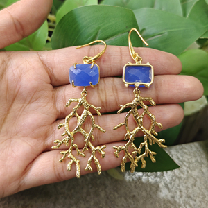 Luxury Fashion Jewelry Blue Chalcedony Coral Branch Drop <b>Earrings</b> Solid Brass 18k Gold Plated women's Statement <b>Hook</b> <b>Earrings</b> - Product Image 6