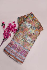 Tissu en viscose pure jacquard beige camel à imprimé ethnique et paysager avec bordure ornementale pour la confection de Kurtis de créateurs - Product Image 6