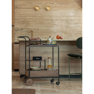 Chariot de service et de rangement moderne en bois massif et métal avec grandes roues |   Chariot utilitaire robuste pour la maison et le café 2026 - Product Image 2