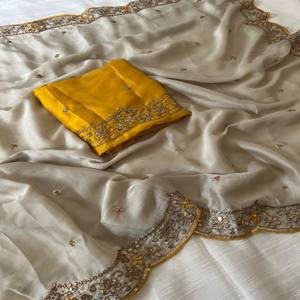 VASTRA COTTAGE Sari de seda Rangoli de alta calidad con bordado de hilo Zari y blusa bordada a juego en contraste para mujer - Product Image 1