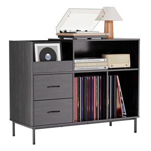 Support pour tourne-disque en bois grainé noir avec prise de courant, couvercle rabattable, table pour plus de 300 vinyles, étagères pour CD, console multimédia - Product Image 1