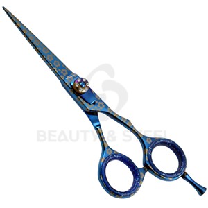 Professional Deep Blue Hair Cutting <b>Shears</b> with Floral Patterned Blade and Jeweled Pivot for Precision Styling - Product Image 1