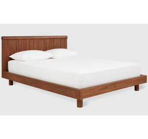 Cadre de lit plateforme moderne en teck massif, tête de lit minimaliste à lattes verticales, taille King, mobilier de chambre à coucher, garantie de 3 ans - Product Image 1