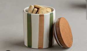 Ceramic Food <b>Storage</b> Container With Wooden Lid Airtight Cylinder Minimalist Design Kitchen Use Blue Pattern - Product Image 2