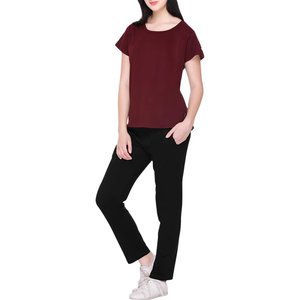 Women's Maroon Short Sleeve Crew Neck T-Shirt With Black Full Length <b>Pants</b> Side Pockets Elastic Waist Casual Wear - Product Image 4