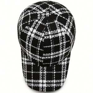 Gorro de Tweed a Cuadros Blanco y Negro para Mujer, Otoño e Invierno, Gorra de 6 Paneles, Gorra Deportiva de Moda para Mujer, Gorra de Béisbol - Product Image 2