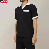 Ensemble polo et short pour homme, couleur unie, style décontracté, tissu tricoté, bordure blanche, design avec poche, pour l'été