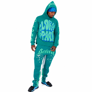 Chándal con Capucha Color Verde Azulado para Hombre, Manga Larga, Estilo Urbano Informal, Corte Regular, 100% Poliéster, Ropa de Otoño con Estampado de Letras y Bolsillos Laterales - Product Image 2