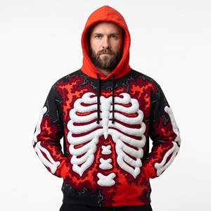 Sudadera con Capucha Unisex Dumela, Diseño Gótico con Esqueleto en Relieve Digital, Corte Holgado, 100% Algodón, Patrón Rojo y Negro, Ropa de Invierno - Product Image 5