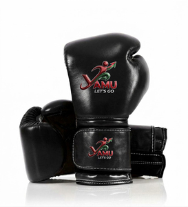 YAMU New <b>Black</b> 100% Genie <b>Leather</b> Boxing <b>Gloves</b> with Adjustable Hook and Loop Wrist Strap for Adult Women <b>Men</b> Training Gym - Product Image 1