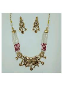 Elegant Silver Choker <b>Necklace</b> <b>Set</b> with Pink <b>Pearl</b> Beads Gold Plated Traditional Design Matching Earrings for Wedding Wear - Product Image 2