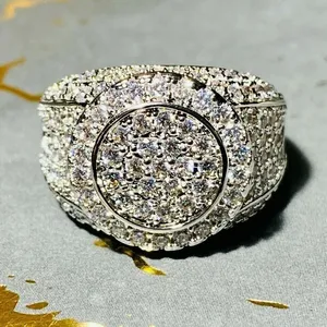 Moissanite Iced Out <b>Ring</b> 925 Sterling <b>Silver</b> Hip Hop <b>Ring</b> Round Cluster Diamond Look Luxury <b>Statement</b> Jewelry Gold Plated <b>Ring</b> - Product Image 4