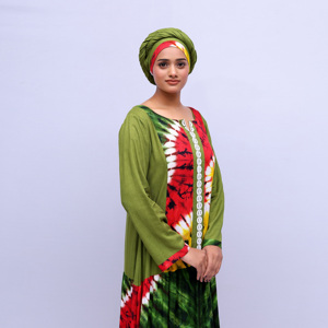 ชุดคาฟตันผ้าเรยอนลายมัดย้อมสุดโดดเด่น ดีไซน์ผ้าต่อสีตัดกัน แต่งขอบลูกไม้ แขนยาว สง่างาม ยาวคลุมเท้า เหมาะสำหรับวันอีดและเดือนรอมฎอน - Product Image 2